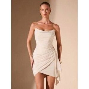 SHEIN BAE Apricot Plain Color Strapless Ruched Hem Glittery Bodycon Cocktail Dr…